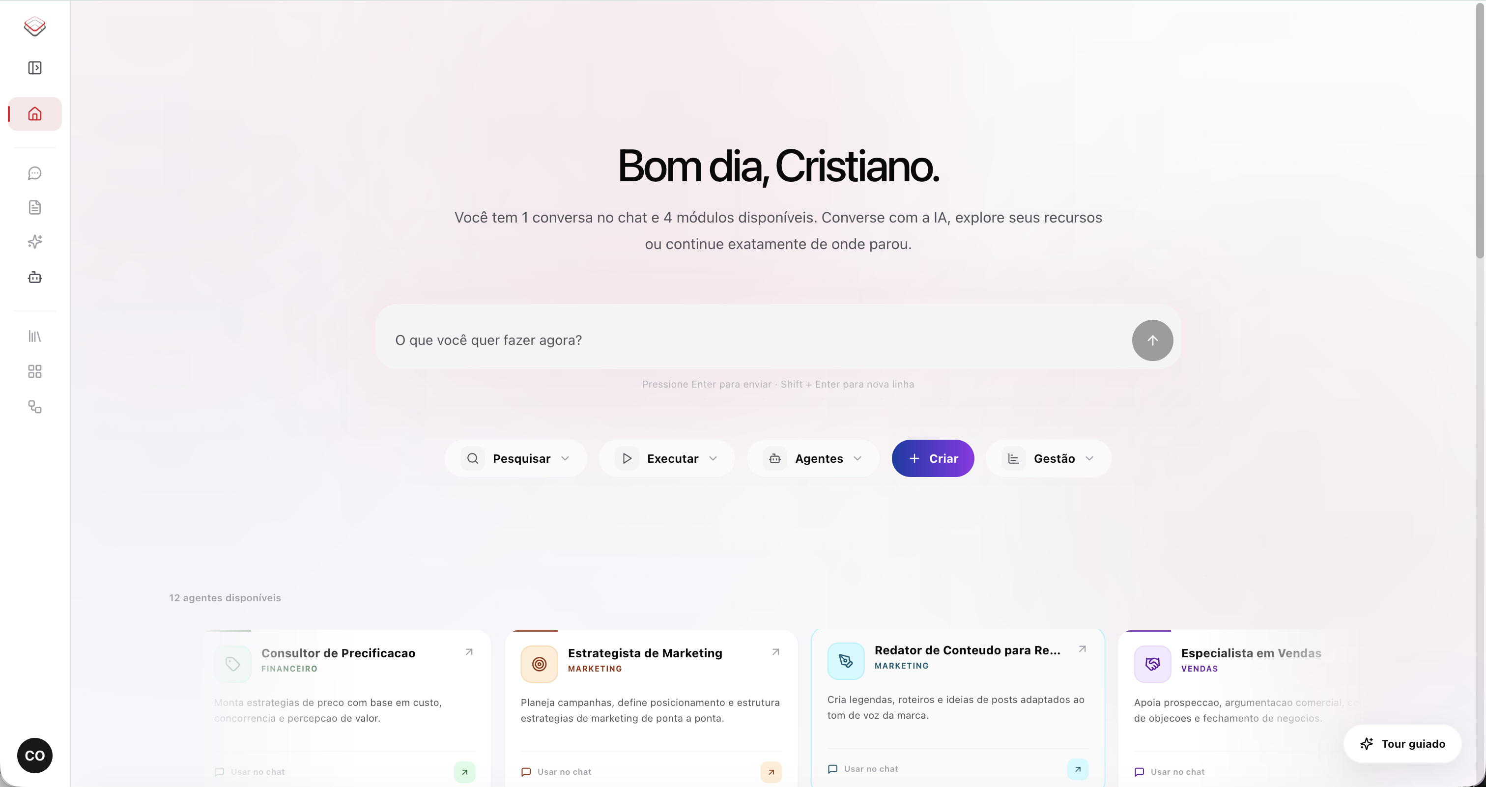 Dashboard do Vertere Mind com chat, agentes e informações operacionais